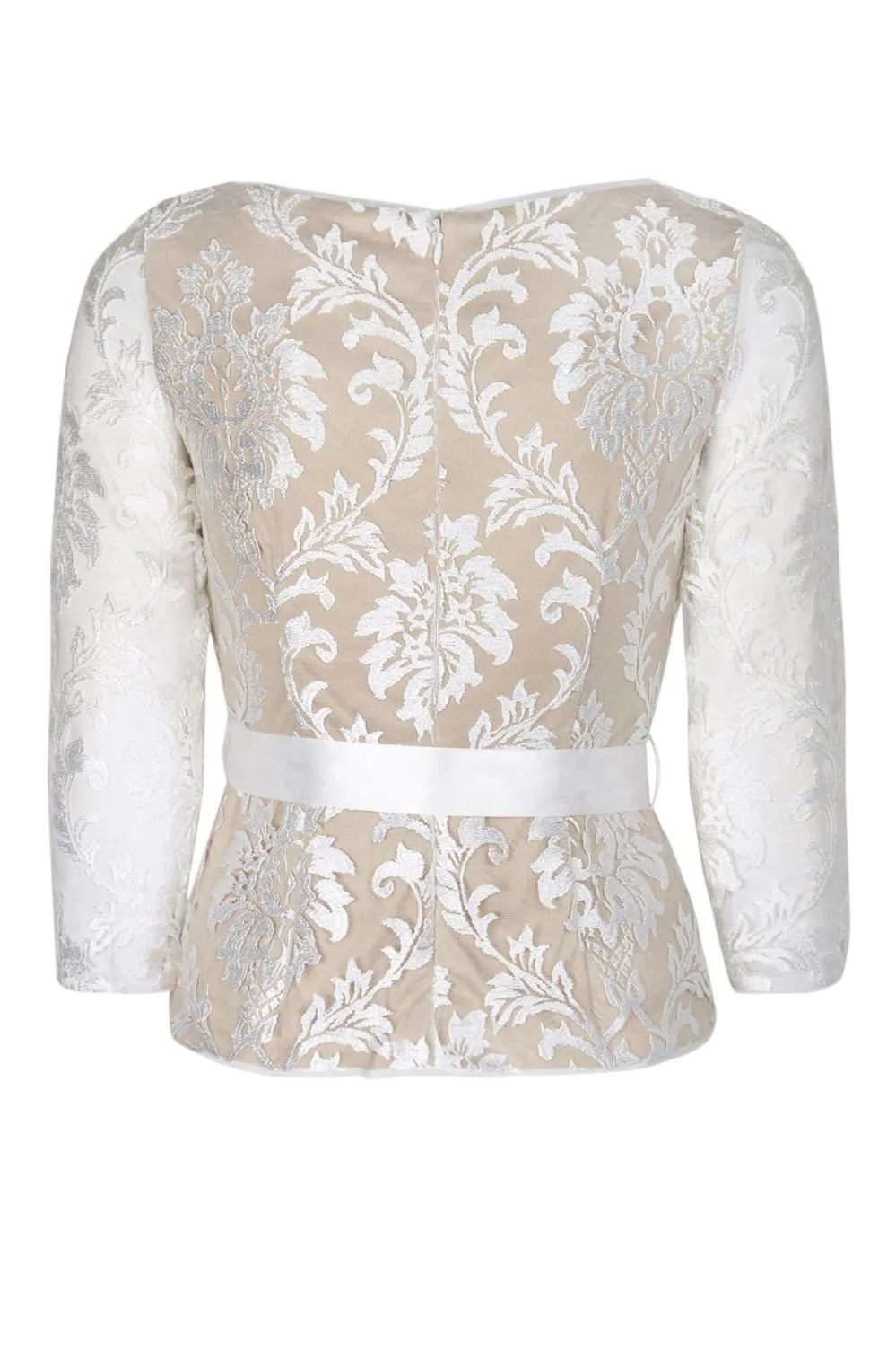 Adrianna Papell Boat Neck 3/4 Sleeve Tie Waist Floral Embroidered Mesh Top