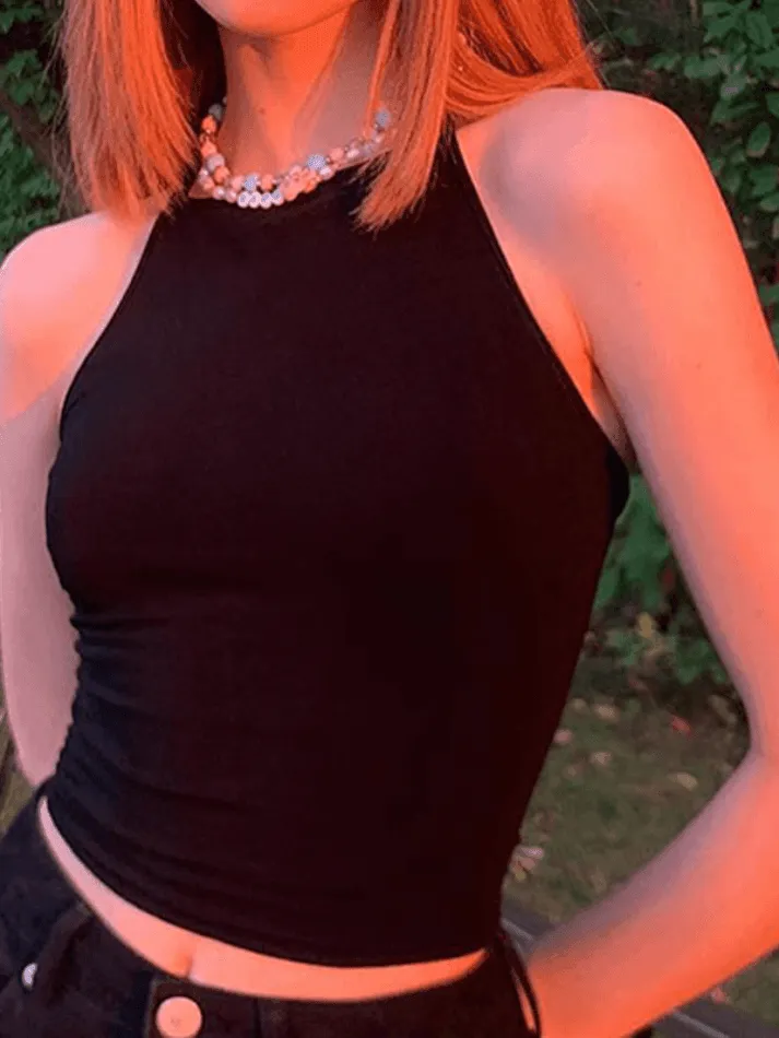 Black Backless Lace Up Halter Vest