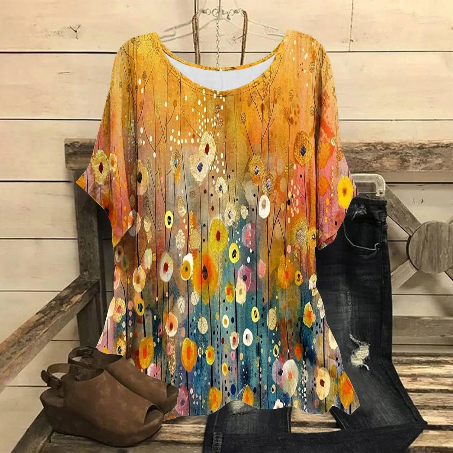 Cotton Linen Tops for Womens Loose Fit Casual Short Sleeve T-Shirt Retro Floral Print Blouse 2025 Summer Beach Clothes