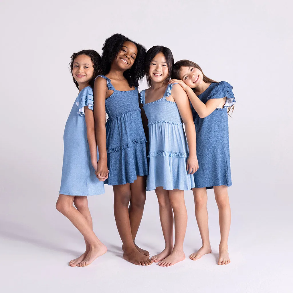 Indigo Denim French Terry Ruffled Dress