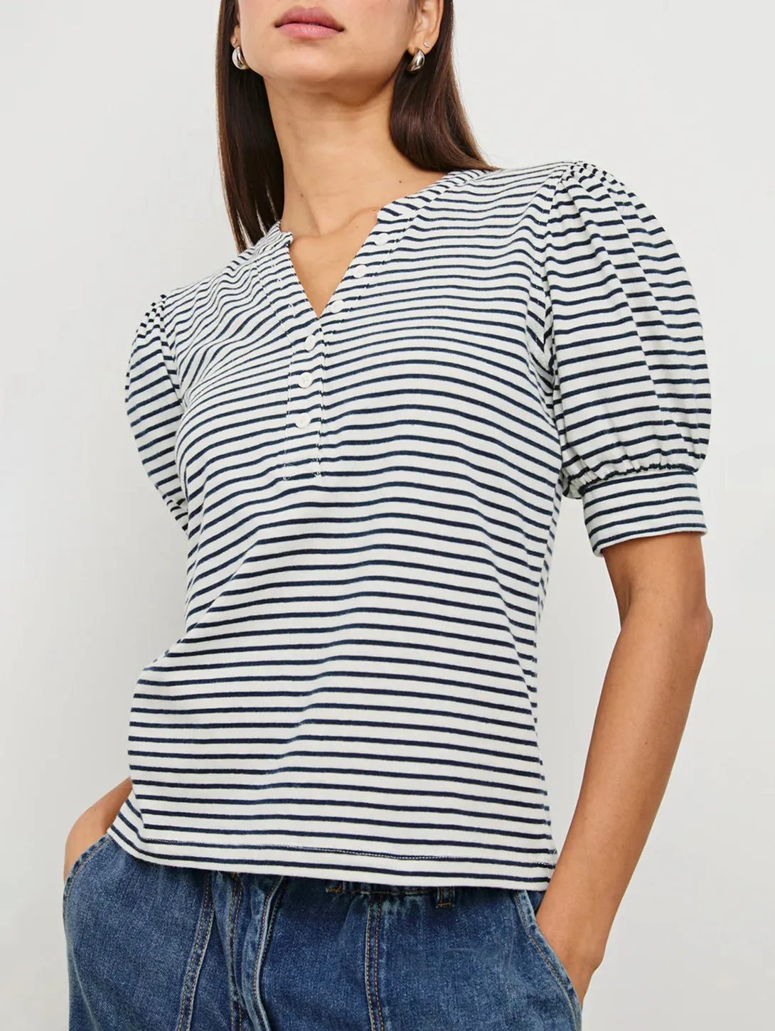 Jewel Top - Ivory Navy Micro Stripe