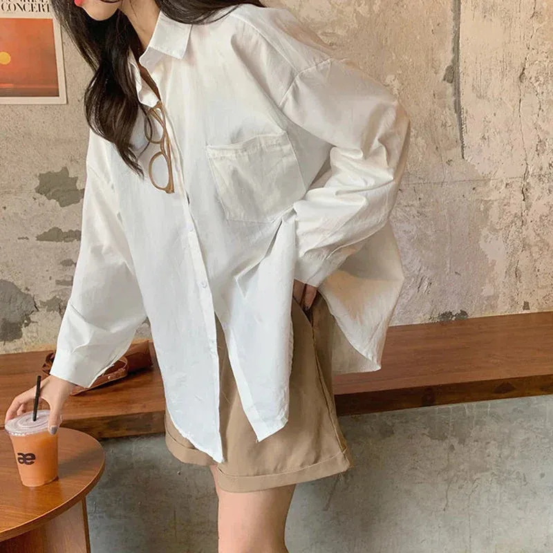 LVSANW Biyaby pink white yellow blouse female 2024 spring Joker loose pocket long sleeve shirt ladies street casual loose shirt
