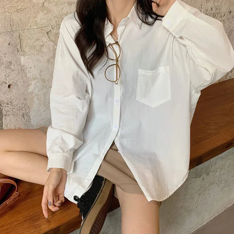 LVSANW Biyaby pink white yellow blouse female 2024 spring Joker loose pocket long sleeve shirt ladies street casual loose shirt