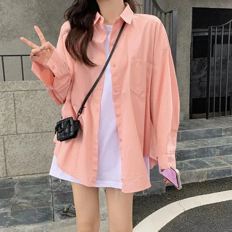 LVSANW Biyaby pink white yellow blouse female 2024 spring Joker loose pocket long sleeve shirt ladies street casual loose shirt