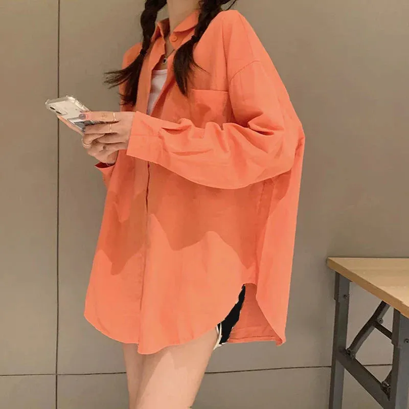 LVSANW Biyaby pink white yellow blouse female 2024 spring Joker loose pocket long sleeve shirt ladies street casual loose shirt