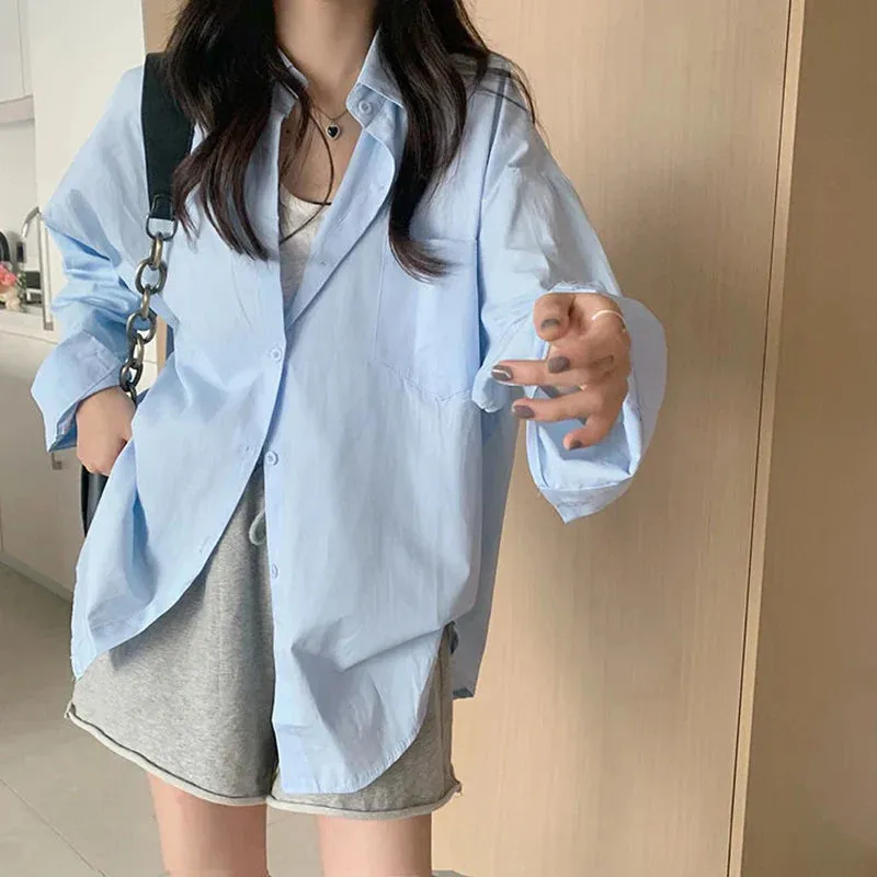 LVSANW Biyaby pink white yellow blouse female 2024 spring Joker loose pocket long sleeve shirt ladies street casual loose shirt