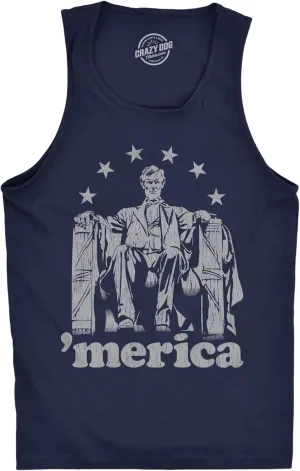 Mens Fitness Tank Abe Lincoln 'Merica Tanktop Funny 4th of July USA Patriotic Graphic Novelty Shirt Funny Workout Shirt Patriotic Tank Top for Men Cool Navy L
