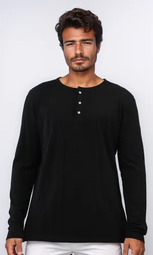 o201077 - Solid Henley Shirt With Buttoned Neck - Black