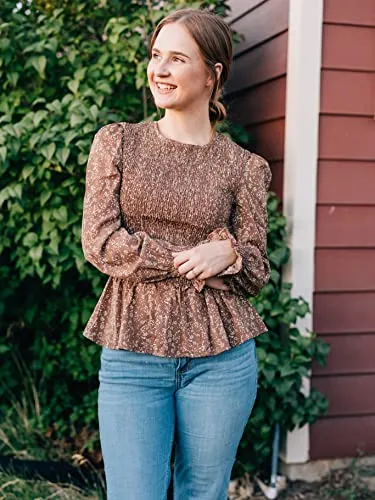 PRETTYGARDEN Women's Tops Casual Long Sleeve Crewneck Floral Print Smocked Ruffle Hem Slim Babydoll Blouse Shirt Tunics(Floral White Coffee,Small)