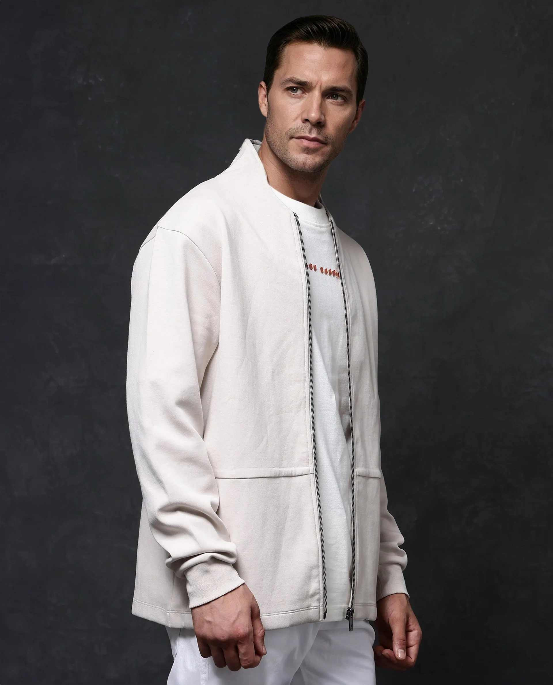Rare Rabbit Men Kezi Off White Cotton Poly Fabric Full Sleeve High Neck Zip Closure Slim Fit Plain Sweatshirt