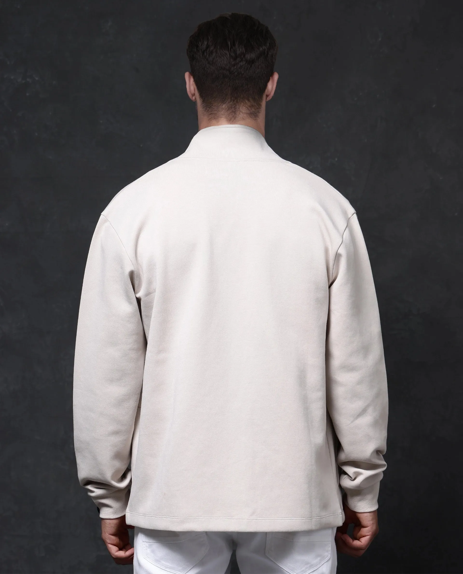 Rare Rabbit Men Kezi Off White Cotton Poly Fabric Full Sleeve High Neck Zip Closure Slim Fit Plain Sweatshirt