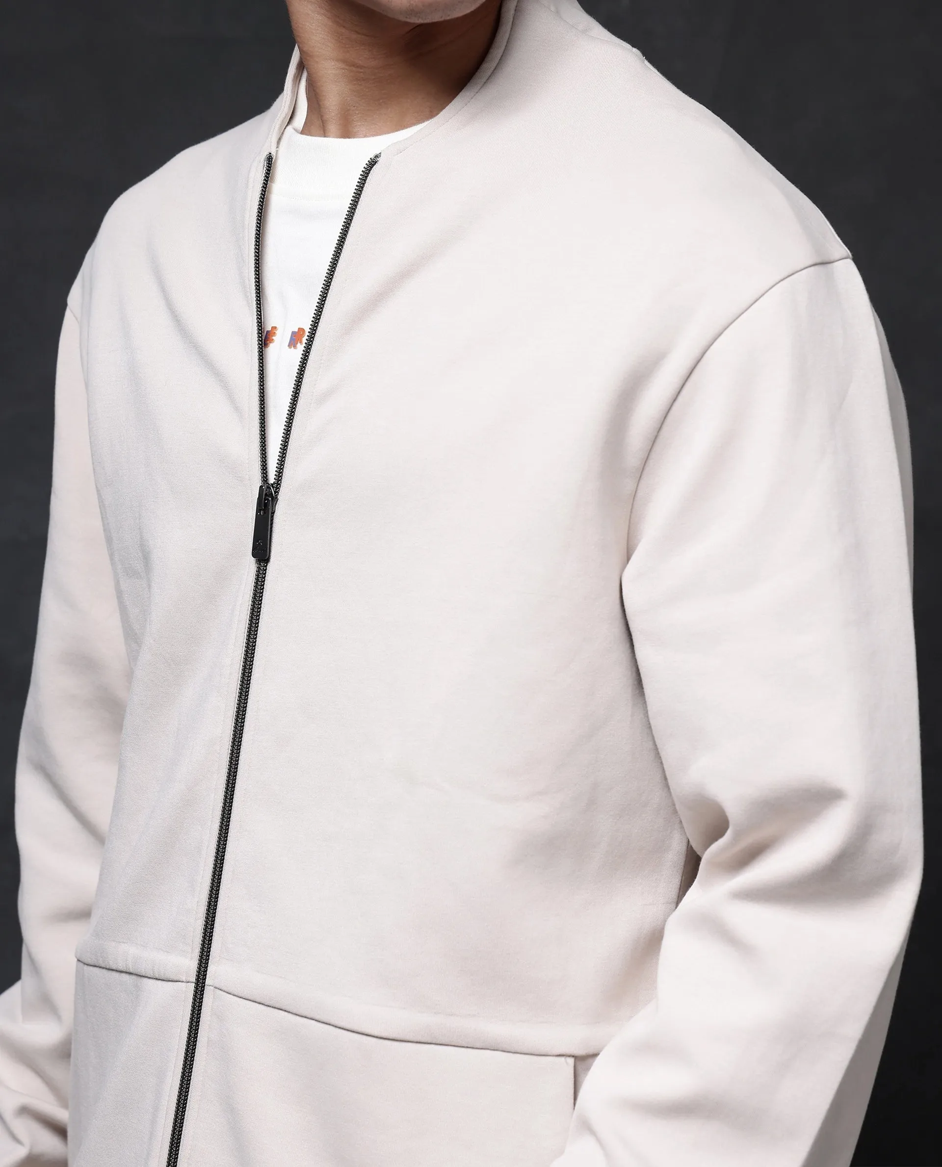 Rare Rabbit Men Kezi Off White Cotton Poly Fabric Full Sleeve High Neck Zip Closure Slim Fit Plain Sweatshirt