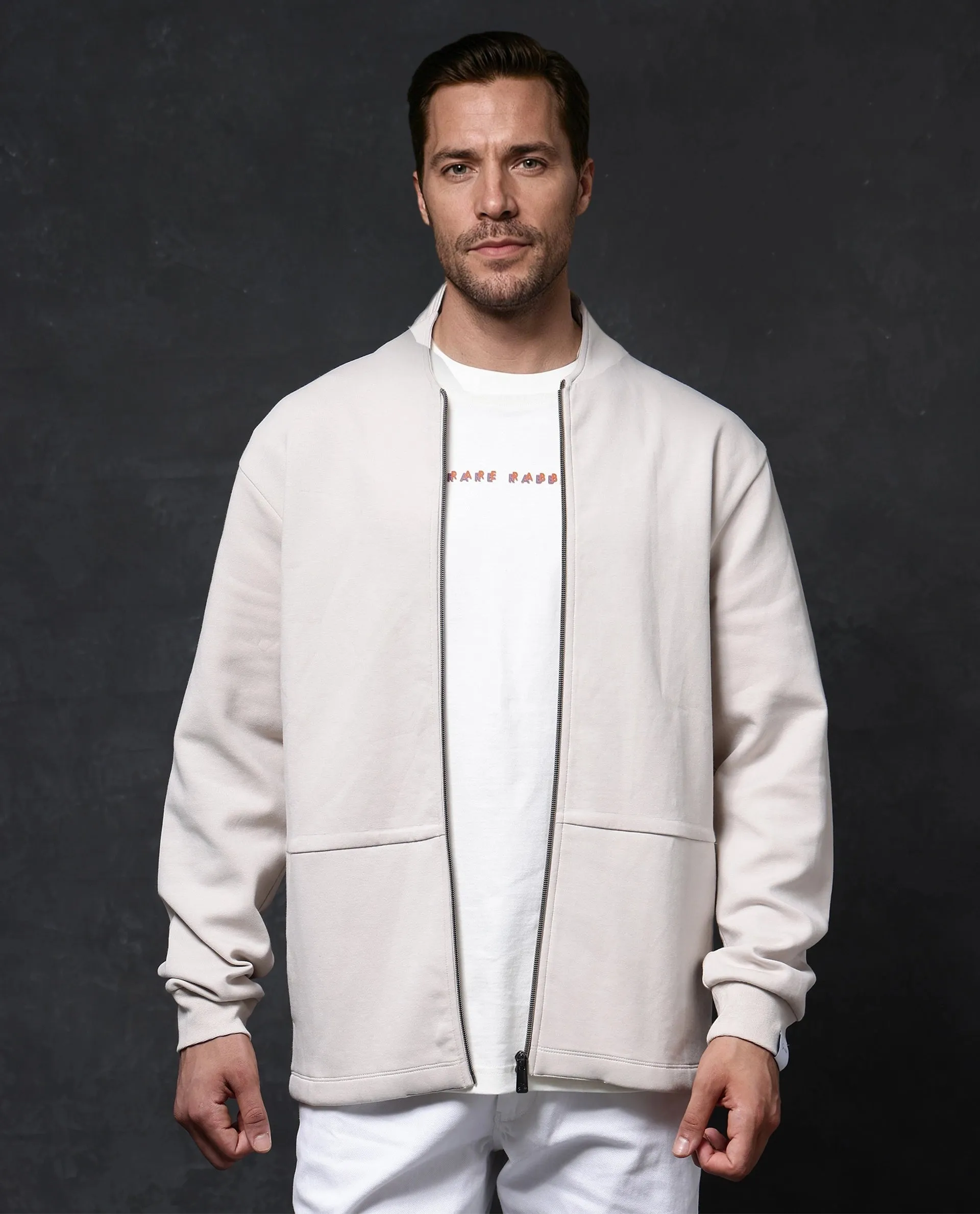 Rare Rabbit Men Kezi Off White Cotton Poly Fabric Full Sleeve High Neck Zip Closure Slim Fit Plain Sweatshirt