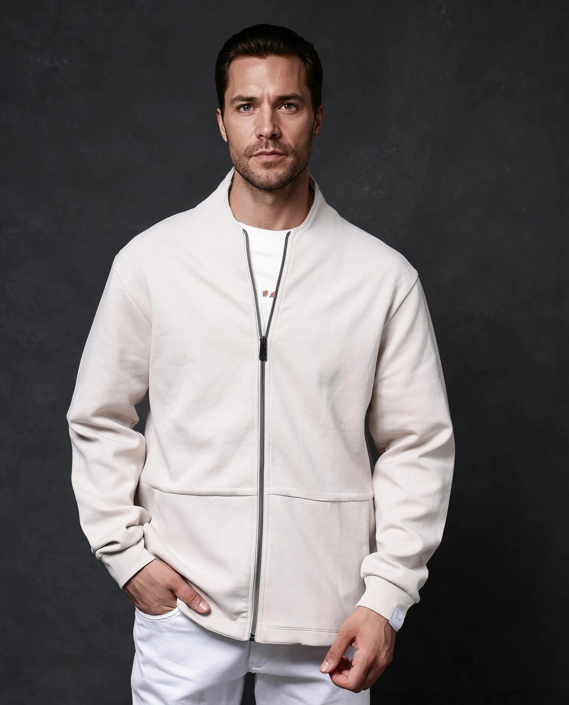 Rare Rabbit Men Kezi Off White Cotton Poly Fabric Full Sleeve High Neck Zip Closure Slim Fit Plain Sweatshirt