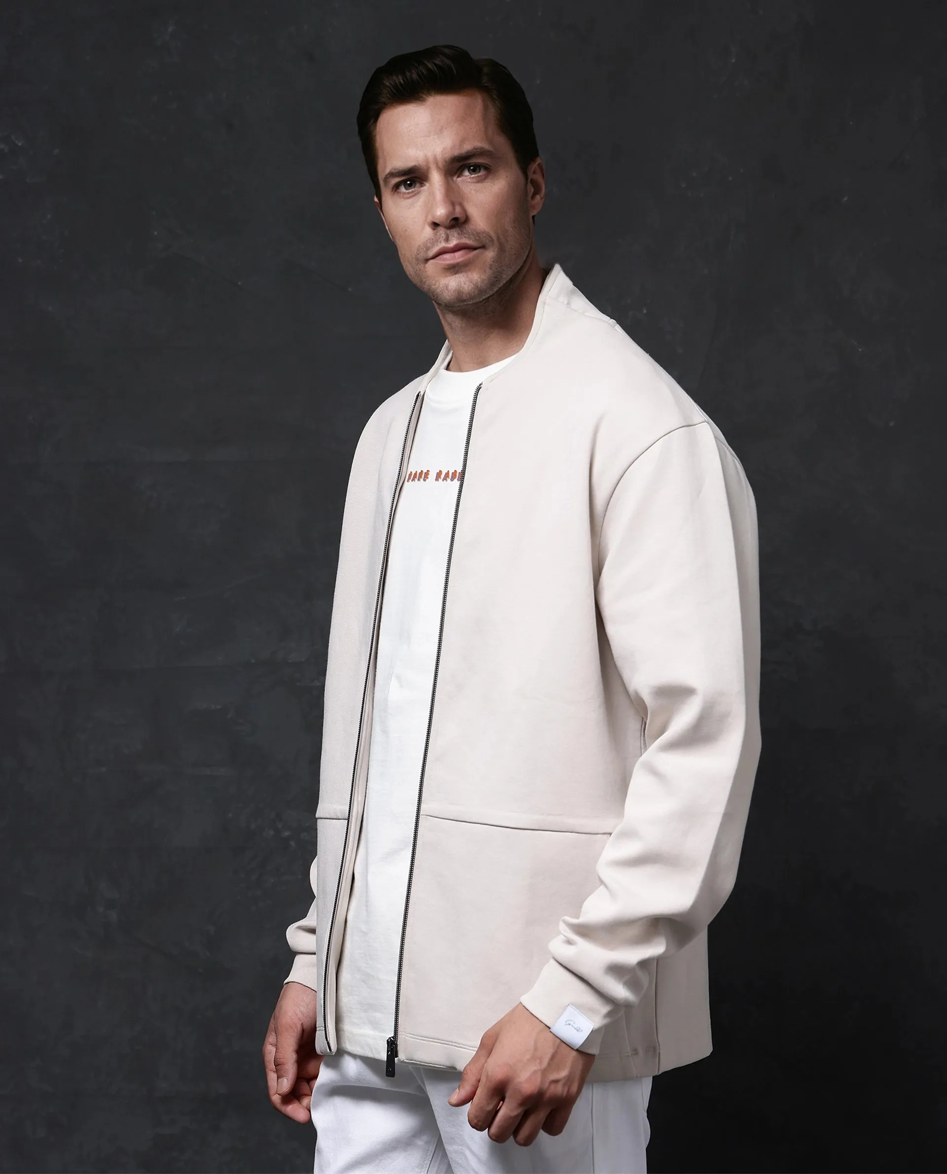 Rare Rabbit Men Kezi Off White Cotton Poly Fabric Full Sleeve High Neck Zip Closure Slim Fit Plain Sweatshirt