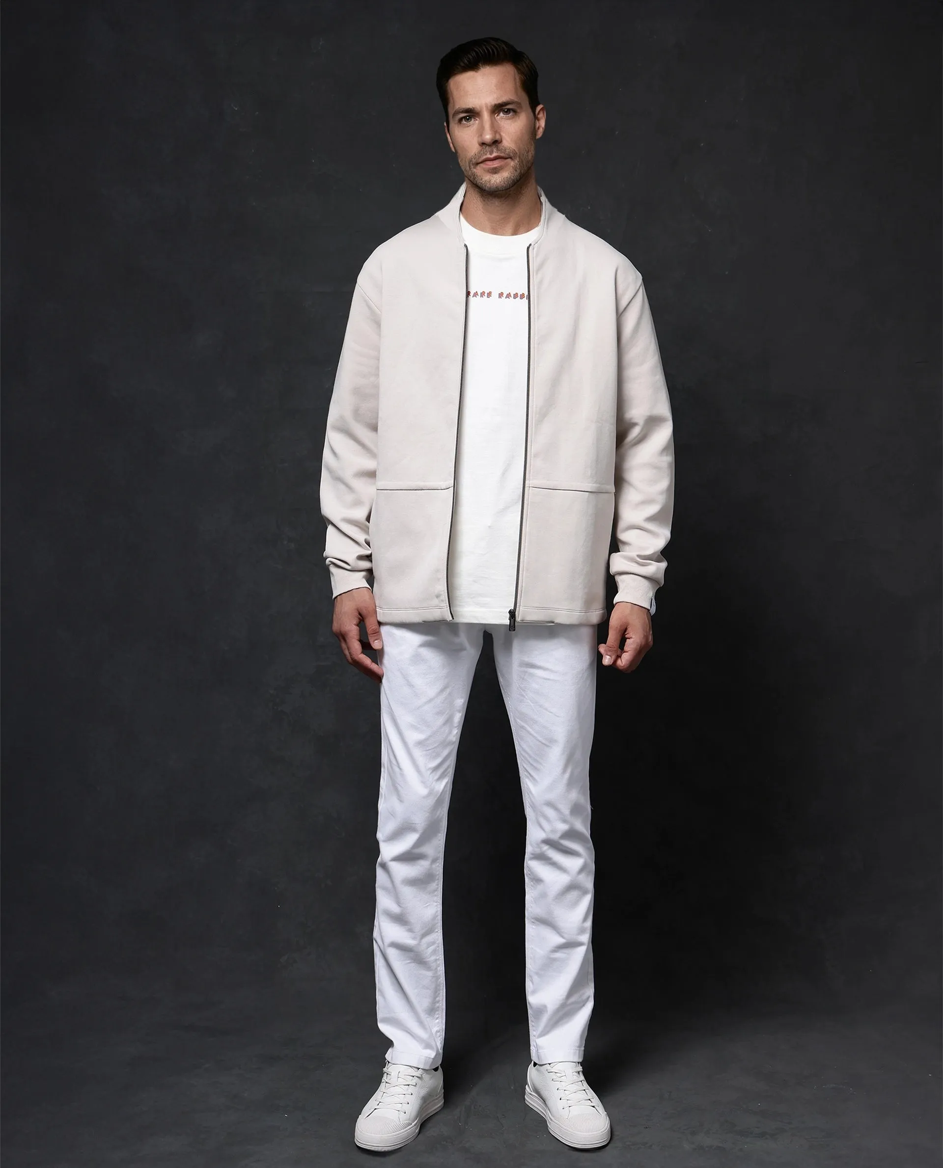 Rare Rabbit Men Kezi Off White Cotton Poly Fabric Full Sleeve High Neck Zip Closure Slim Fit Plain Sweatshirt