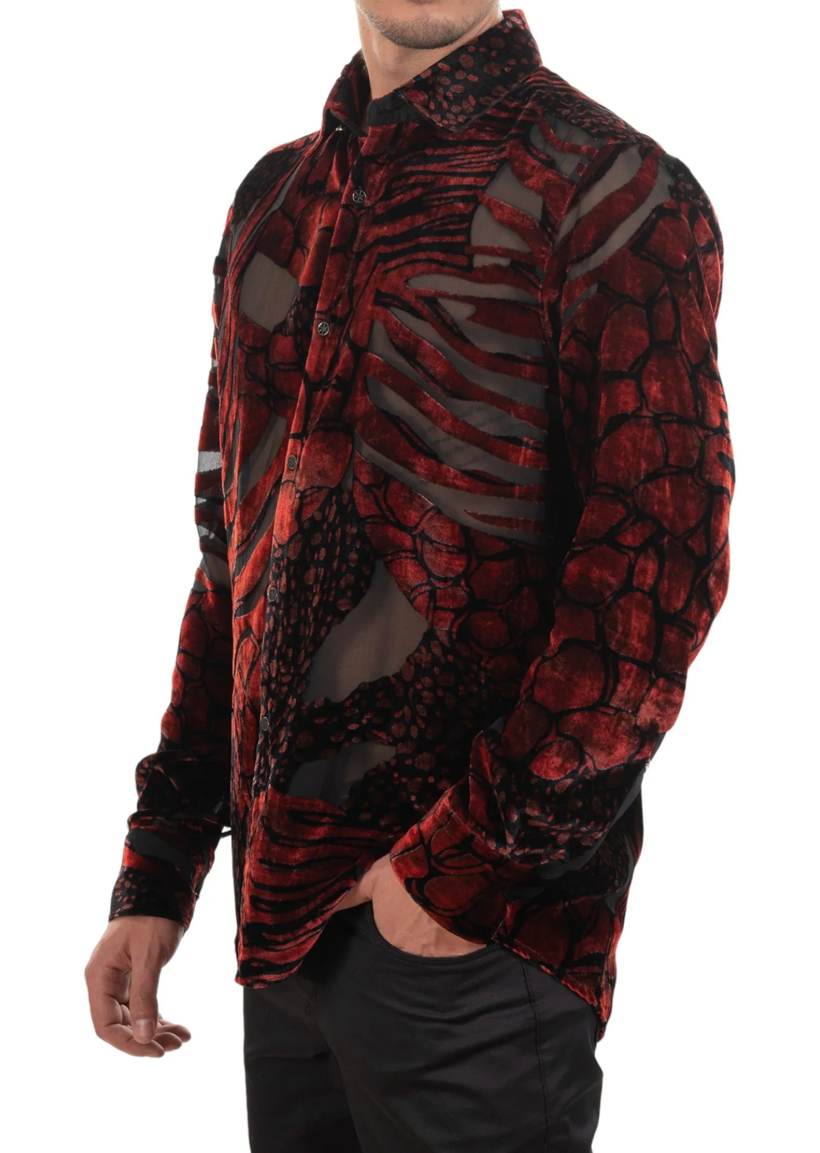 Red Marble Effect Velvet Shirt