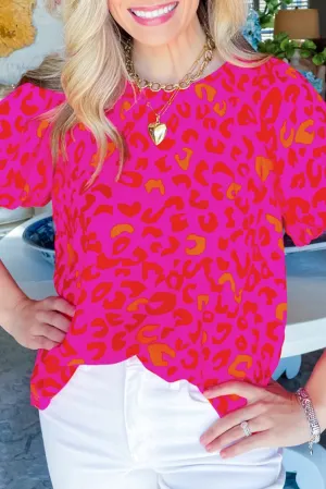 Rose Leopard Printed Puff Sleeve Top