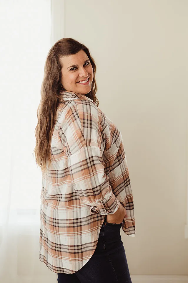 Split Neck Plaid Top