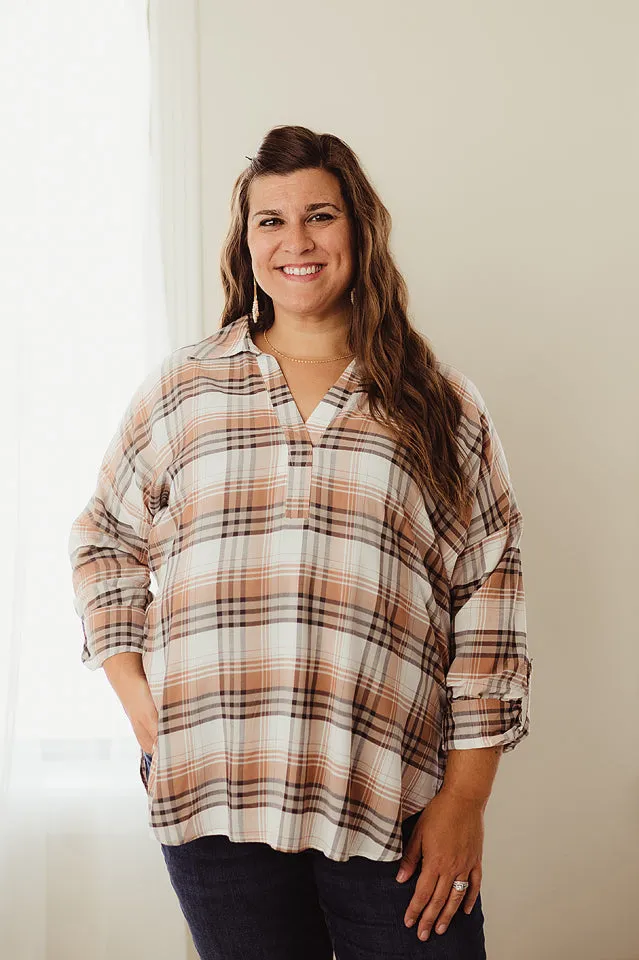 Split Neck Plaid Top