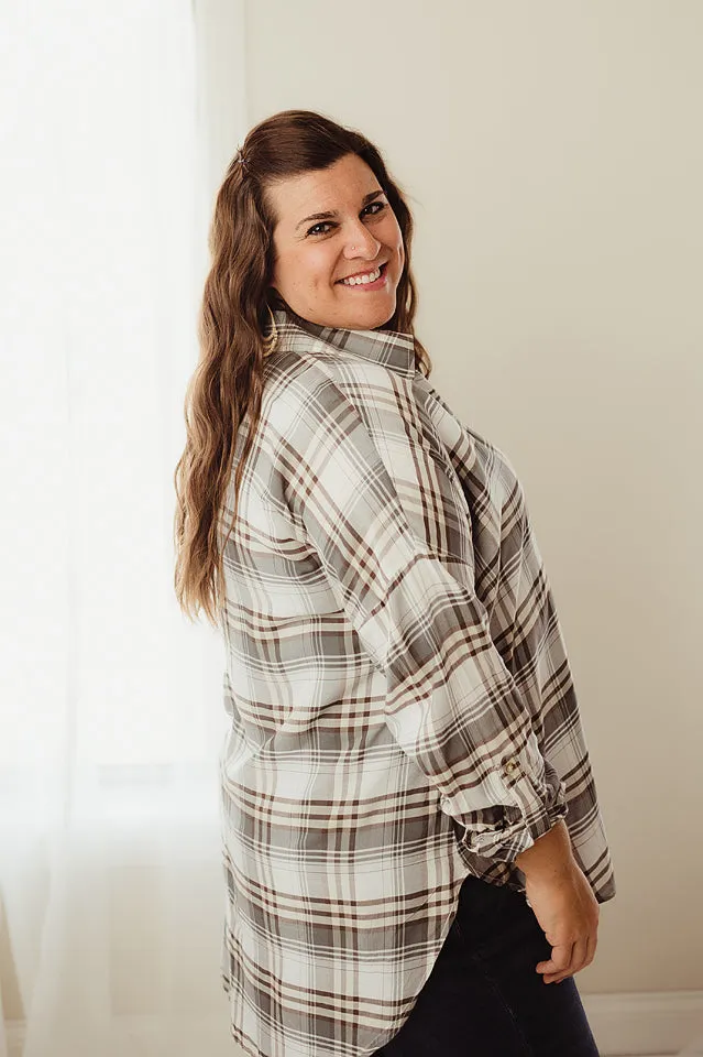 Split Neck Plaid Top