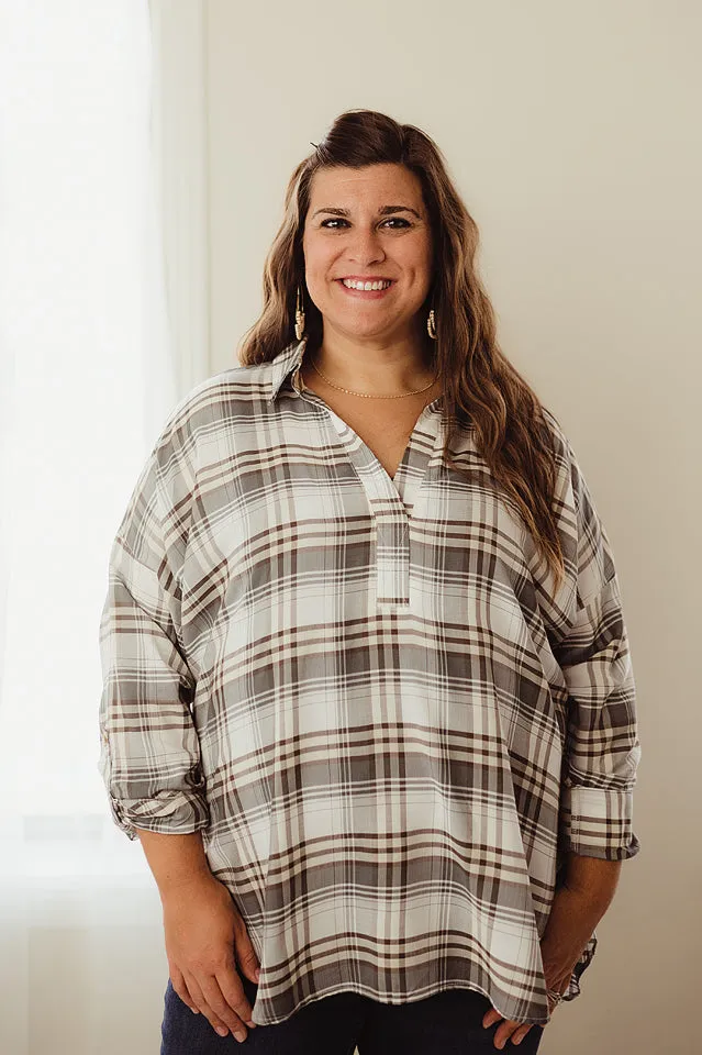 Split Neck Plaid Top