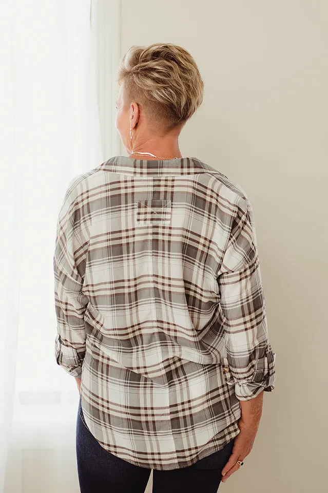 Split Neck Plaid Top
