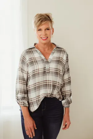Split Neck Plaid Top