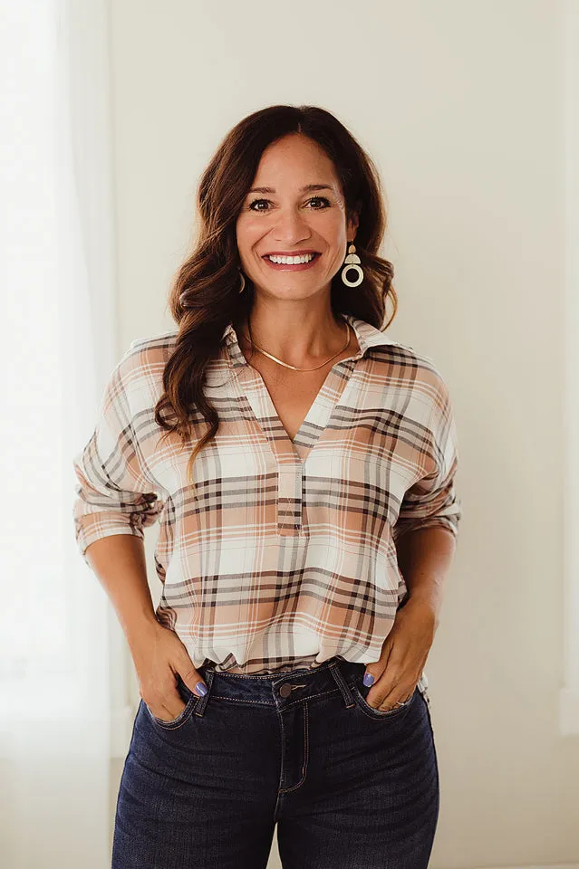 Split Neck Plaid Top
