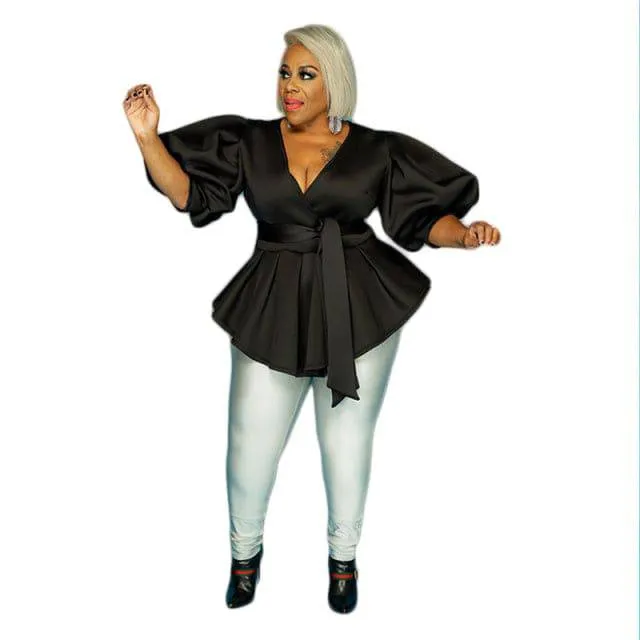 Tops and Blouses with Sashes Office Ladies Lantern Sleeves Femme Blouse Plus Size