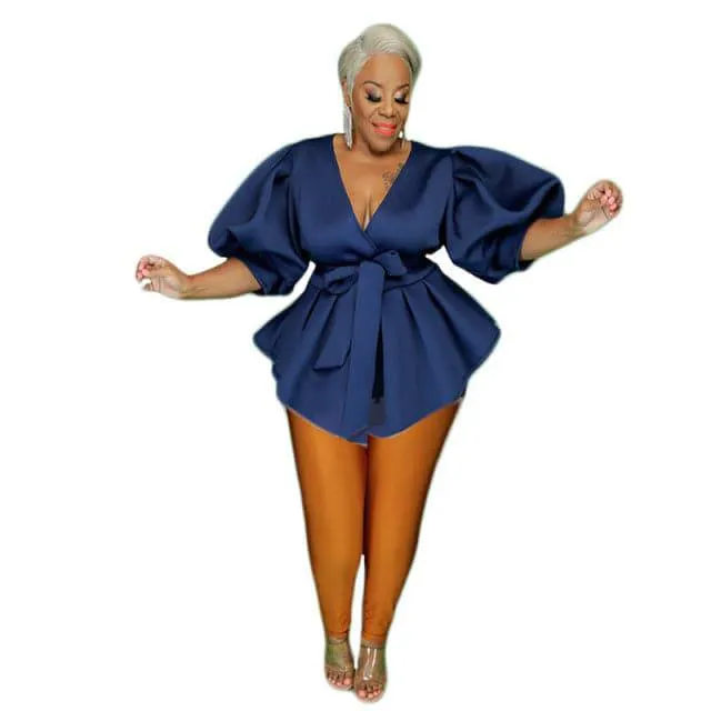 Tops and Blouses with Sashes Office Ladies Lantern Sleeves Femme Blouse Plus Size