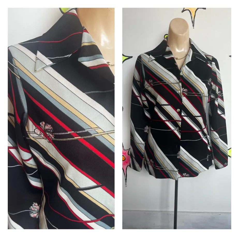 Vintage 70s | Psychedelic Disco Polyester Fitted Shirt Top | Size S