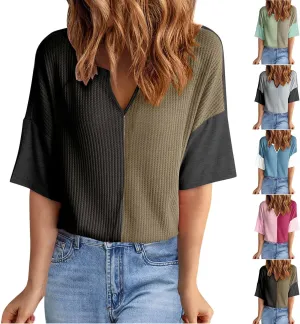 Waffle Knit Tops for Women Oversized Short Sleeve V Neck Color Block Shirts Casual Workout Trendy Soft Tees