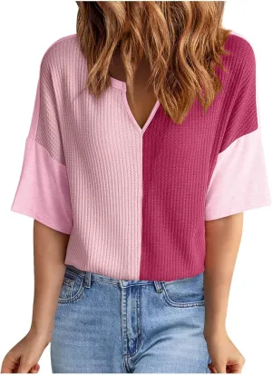Waffle Knit Tops for Women Oversized Short Sleeve V Neck Color Block Shirts Casual Workout Trendy Soft Tees