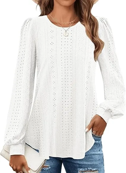 Women's Blouse - Eyelet Design - Long Puff Sleeves - Relaxed Fit Elegant Style