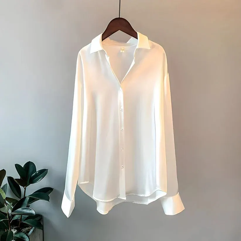 Womens Silk Blouse  Relaxed Fit  Button-Up  Long Sleeve  Office to Casual Wear
