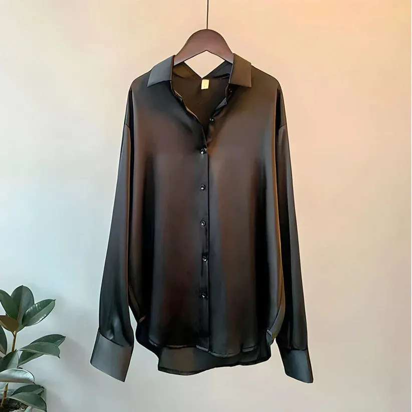 Womens Silk Blouse  Relaxed Fit  Button-Up  Long Sleeve  Office to Casual Wear