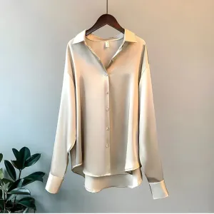 Womens Silk Blouse  Relaxed Fit  Button-Up  Long Sleeve  Office to Casual Wear