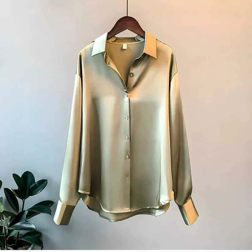 Womens Silk Blouse  Relaxed Fit  Button-Up  Long Sleeve  Office to Casual Wear