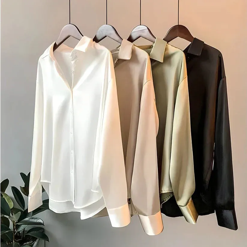 Womens Silk Blouse  Relaxed Fit  Button-Up  Long Sleeve  Office to Casual Wear